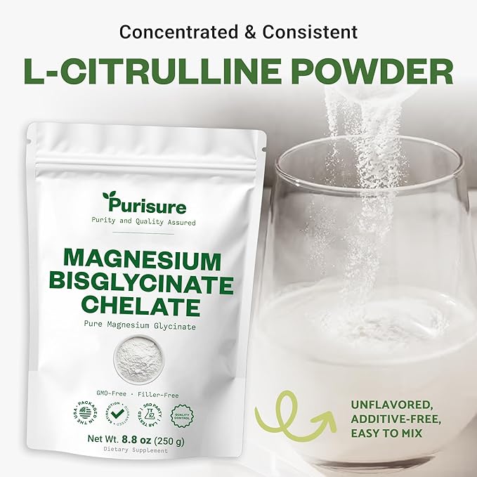 Purisure Magnesium Bisglycinate Chelate 250g Pure Magnesium Glycinate Powder for Bones Magnesium Bisglycinate Chelate for Sleep and Muscle Flexibility Gluten-Free Non-GMO 133 Servings