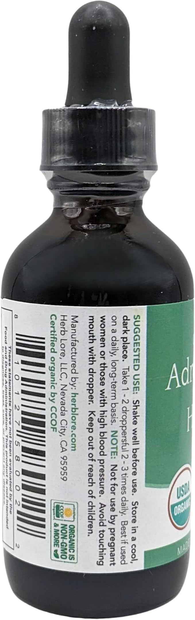 Herb Lore Organic Adrenal Tonic Tincture - Herbal Adrenal Support Supplement - Adaptogen Drops with Ashwagandha Rhodiola Eleuthero Holy Basil and Schisandra - Alcohol Free - Liquid - 2 Fl Oz