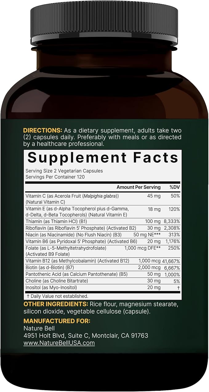 NatureBell Methylated B Complex Vitamins - 240 Vegetarian Capsules - High Bioavailability 12-in-1 Formula - for Immune Health &amp Energy Support* - Non-GMO &amp Gluten-Free