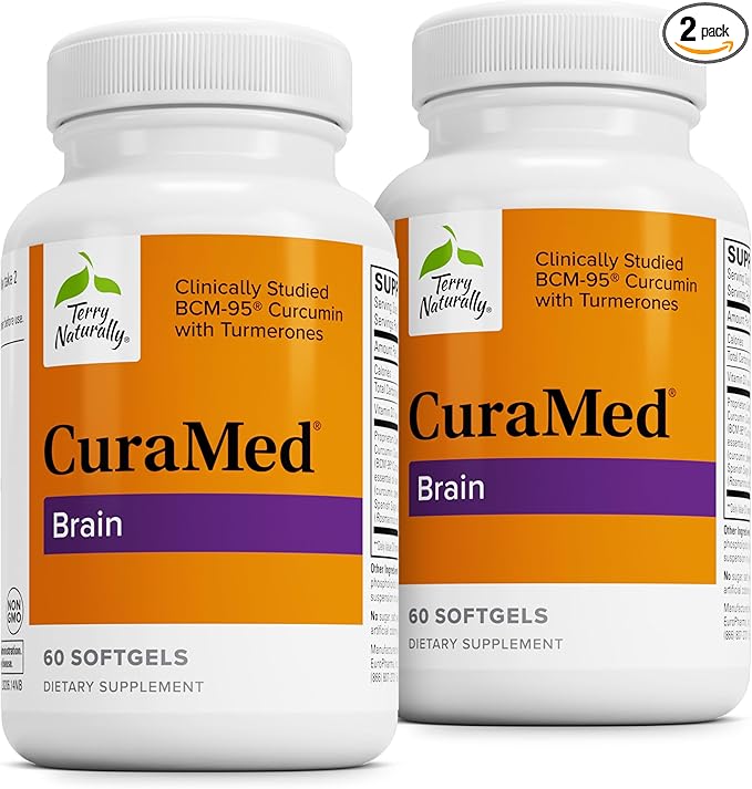 Terry Naturally CuraMed Brain - Dietary Supplement to Support Clarity &amp Focus - Brain Health Supplement with Curcumin &amp Turmeric Essential Oil to Aid Concentration - 60 Softgels (2 Pack)