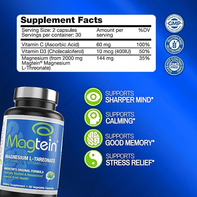 Magtein Magnesium L-Threonate 60 Capsules Magceutics MagteinPRO 90 Capsules KIDDOCALM Gummies 90 Capsules Vitamin D3 K2 30 Capsules - Bundle