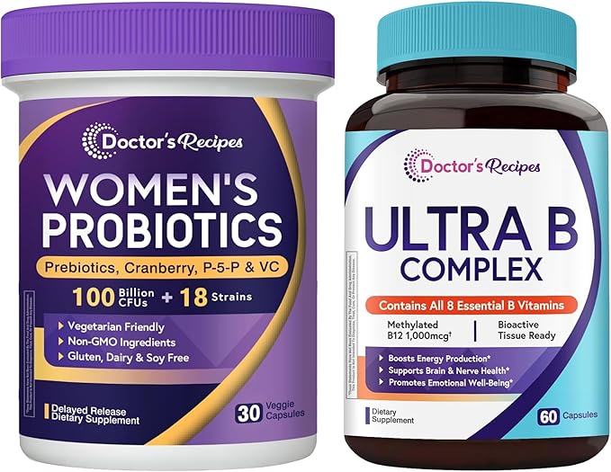 Doctor's Recipes Women’s Probiotics + Ultra Vitamin B Complex Bundle 100 Billion CFU with 18 Probiotic Strains Prebiotics Cranberry &amp Complete B Vitamins Daily Wellness Support Vegan Capsules