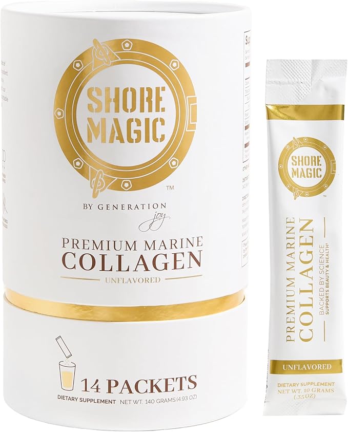 Shore Magic 14-Day Collagen Packets + Signature Ceramic Mug Bundle – Marine Collagen Peptides Types I-IV Unflavored Travel-Friendly – with 14 oz Premium Mug for Daily Collagen Coffee &amp Tea