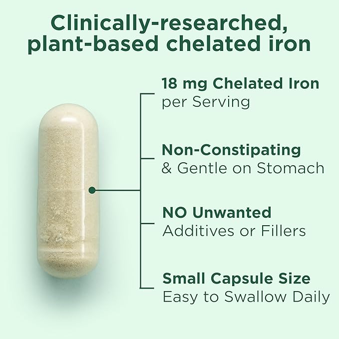 Yuve 100% Vegan Whole Food Chelated Iron Supplement 18mg – Tasteless Non-Constipating Gentle on Stomach Energy Support – Gluten-Free Non-GMO 60 Capsules