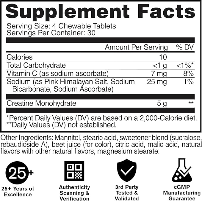 GAT SPORT Creatine Chews Zero Sugar 5g Pure Creatine Monohydrate 3rd Party Tested Brain Health Muscle Strength Anti-oxidant Support for Men &amp Women 30 Servings (Fruit Punch)