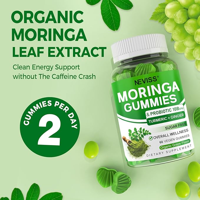 Moringa Gummies for Women Men Sugar Free Vegan with 10 Billion CFU Probiotic Turmeric Ginger Ceylon Cinnamon Chewable Organic Pure Moringa Leaf Supplement for Adults | Gut &amp Immune Support 60