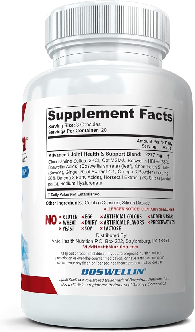 (3 Bottles Maximum Strength Joint Health &amp Support Supplement | Glucosamine Chondroitin Hyaluronic Acid &amp MSM | Flexibility Support for Healthy Knee &amp Back. 60 Capsules Each
