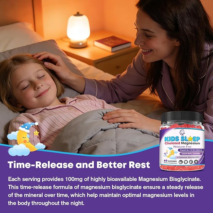 Kids Sleep Gummies Magnesium Glycinate 100/200 mg + 200/400 mg Calcium Citrate for Kids 4+ w/L-Theanine B6 Zinc D3K2 &amp GABA Lemon Balm Chamomile Extract for Zzz &amp Relax Bone Muscle -1