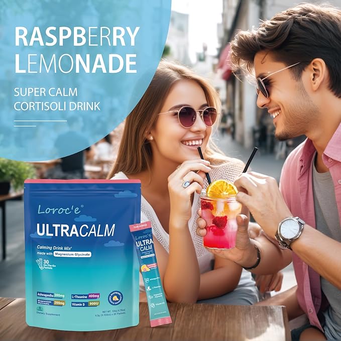 UltraCalm Super Cortisol Drink with Magnesium Glycinate Ashwagandha L-Theanine Vitamin D3 Magnesium Powder for Sleep &amp Stress Relief Raspberry Lemonade (30 Servings)