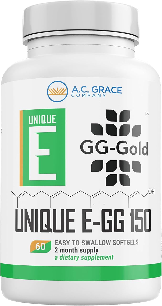 UNIQUE E A.C. Grace Company GG-Gold - 150mg Geranylgeraniol Supplement - Premium Annatto-Derived GG for Statin Users Cellular Energy Muscle &amp Bone Health - 60 Softgels