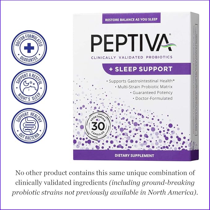Peptiva 26 Billion CFU Probiotic and Sleep Support - Clinically Validated Multi-Strain Probiotic - Lactobacillus and Bifidobacterium Melatonin - 30 Count