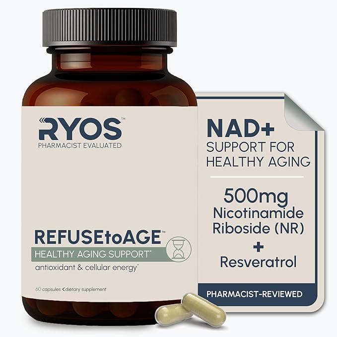 RYOS Nicotinamide Riboside NAD+ Supplement (500mg NR) with Resveratrol &amp Quercetin – Supports Healthy Aging &amp Cellular Energy – Pharmacist-Reviewed for Medication Awareness – REFUSEtoAGE- 60 C