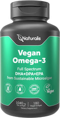 Naturalis Double Strength Vegan Omega 3 DHA EPA &amp DPA from Microalgae | Vegan Society Certified Sustainably Sourced True Full Spectrum | 180 Veggie Softgels (Carrageenan Free)