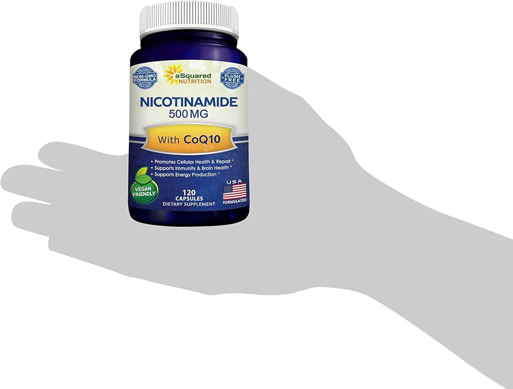 Nicotinamide with CoQ10 (120 Capsules) - Vitamin B3 500mg (Niacinamide Flush Free) - Coenzyme Q10 Powder - VIT B-3 &amp Coq 10 Supplement Pills to Support Energy NAD &amp Skin Cell Health