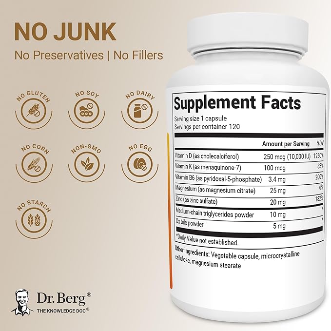 Dr. Berg Vitamin D3 &amp K2 10000 IU + MK-7 – 120 Capsules – Immune Bone &amp Heart Support* Supplement w/Magnesium Zinc B6 – 4X Lab-Tested – No Fillers – Non-GMO cGMP Formulated in USA