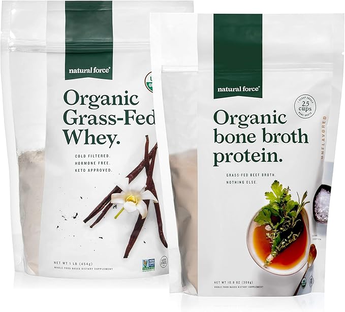 Natural Force Grass Fed Organic Whey Protein Powder Vanilla Flavor 16 oz Pure Organic Bone Broth Protein Powder 10.8 oz