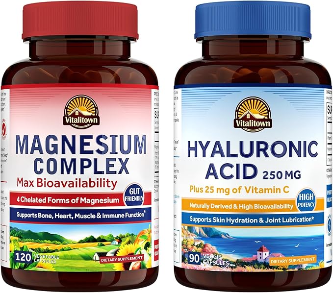 Vitalitown Magnesium + Hyaluronic Acid Bundle| Magnesium Complex (Item 1) &amp Hyaluronic Acid Plus Vitamin C (Item 2) | 120 Magnesium Capsules &amp 90 Hyaluronic Acid Capsules