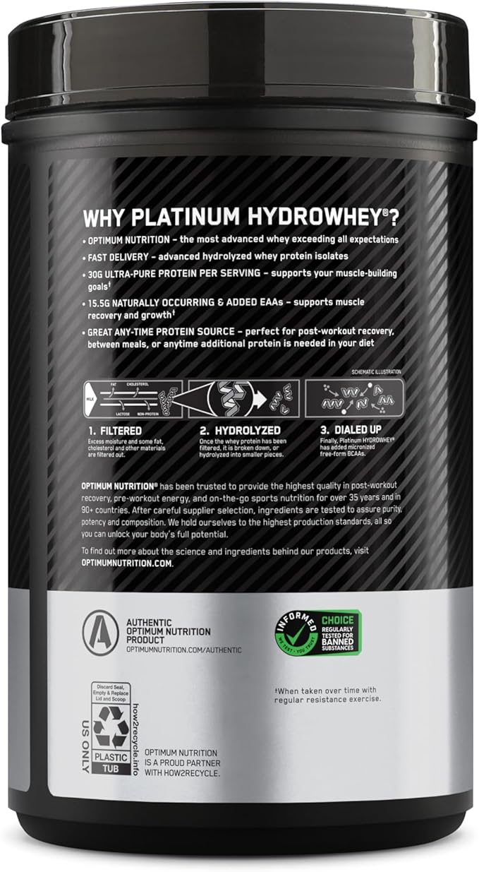 Optimum Nutrition Platinum Hydrowhey Protein Powder 100% Hydrolyzed Whey Protein Isolate Powder Flavor: Velocity Vanilla 20 Servings 1.76 Pounds (Packaging May Vary)