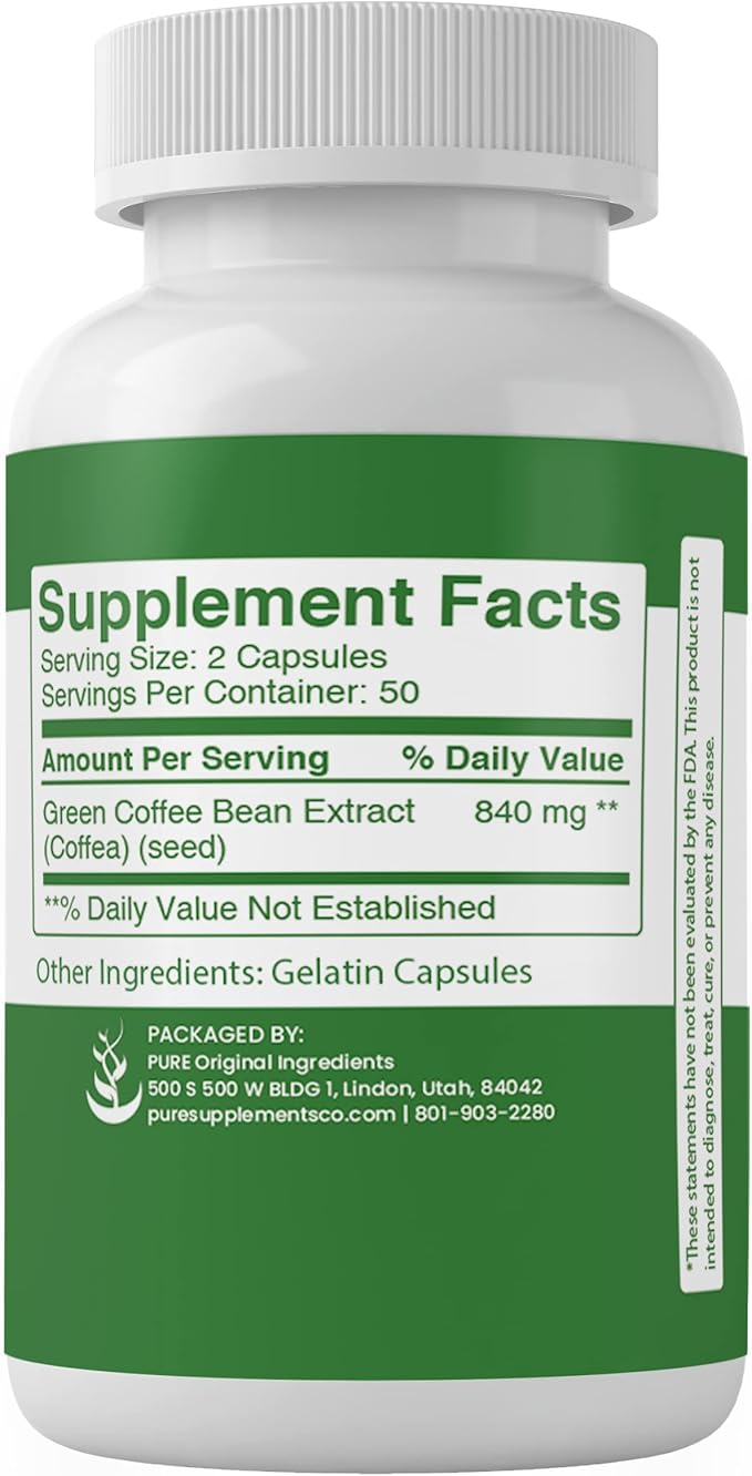 PURE ORIGINAL INGREDIENTS Green Coffee Bean Extract (100 Capsules) Always Pure No Additives Or Fillers Lab Verified (Pack of 2)