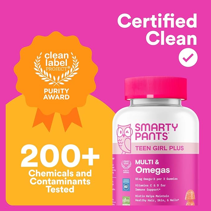 SmartyPants Teen Girl Multivitamin Gummies Omega 3 (DHA/EPA) Vitamin C D3 B12 Vitamin A K &amp Zinc Biotin to Support Hair Skin &amp Nails Gluten Free 60 Count (30 Day Supply)