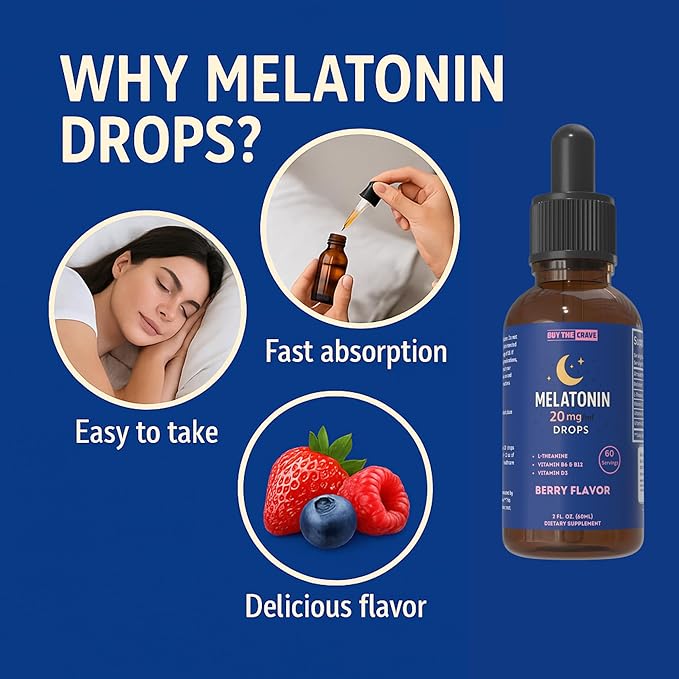 Melatonin Drops 20mg with L-Theanine Vitamin B6 B12 &amp D3 – Berry Flavor Sleep Support Fast-Acting Liquid Melatonin 2 fl oz (60mL) Natural Nighttime Relaxation Formula