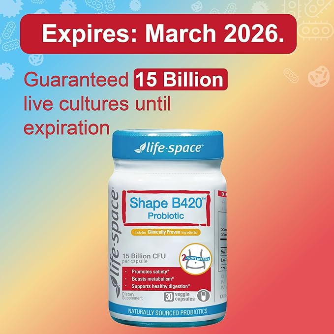 Life-Space Shape B420 Probiotics for Shape Better GLP-1 Boost Clinically Backed Metabolism Support Prebiotic + Probiotics for Women and Men 30 Vegetarian Capsules