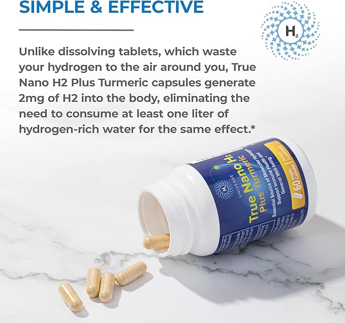 True Nano H2 with Turmeric by H2 Universe | Molecular Hydrogen with Active Hydrogen Nanobubbles Boosts Energy Powerful Antioxidant| 60 Capsules