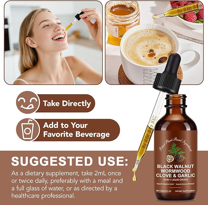 Tiuedu Black Walnut &amp Wormwood Herbal Liquid Drops 20-in-1 Plant-Based Herbal Wellness Formula with Clove Garlic Pumpkin Seed &amp Milk Thistle Fast-Absorbing Liquid 2Pack