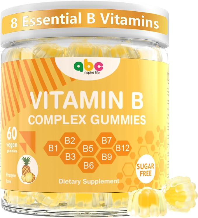 Vitamin B Complex Gummies for Adult Kid-Pineapple Flavor-Chewable Supplement with 8 Essential B Vitamins (B1 B2 B3 B5 B6 B7 B9 B12) Non GMOVegan 60 Count