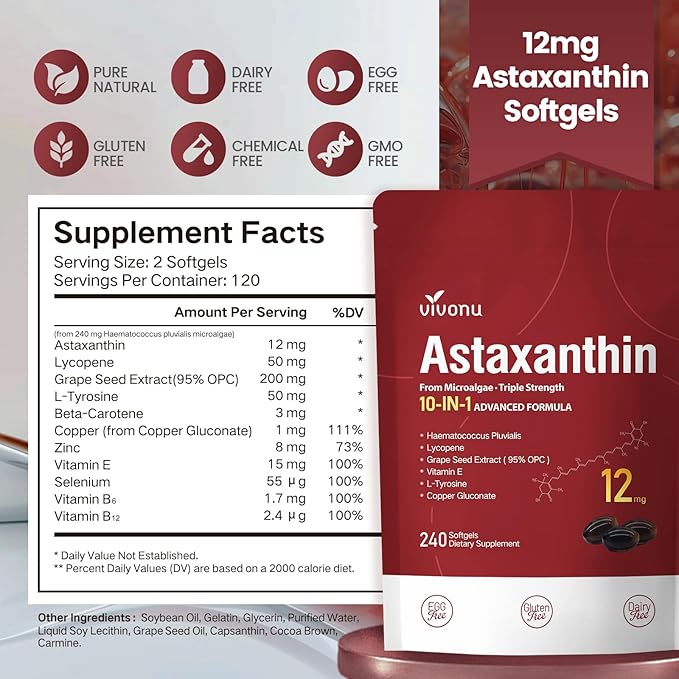 10 in 1 Astaxanthin Supplements 12mg 16 Month Supply Astaxantina Antioxidant from Fresh Haematococcus Pluvialis Contains Lycopene Grape Seed Vitamin E More Supports Eye Joints Skin Health 4Bag