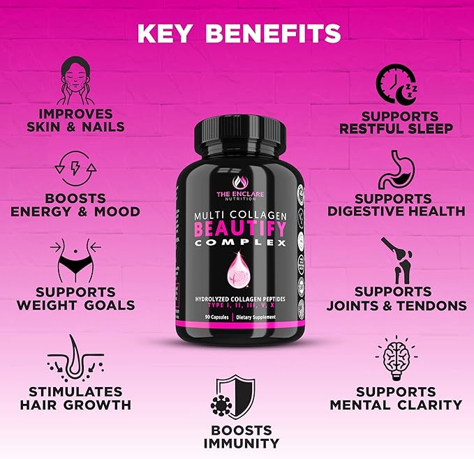 Collagen Pills - Beautify Multi Collagen Complex Capsules Type I II III V X | Extra Strength Hydrolyzed Collagen Peptides Supplements. Hair Skin Nails Vitamins 1800mg Collagen Capsules (1)