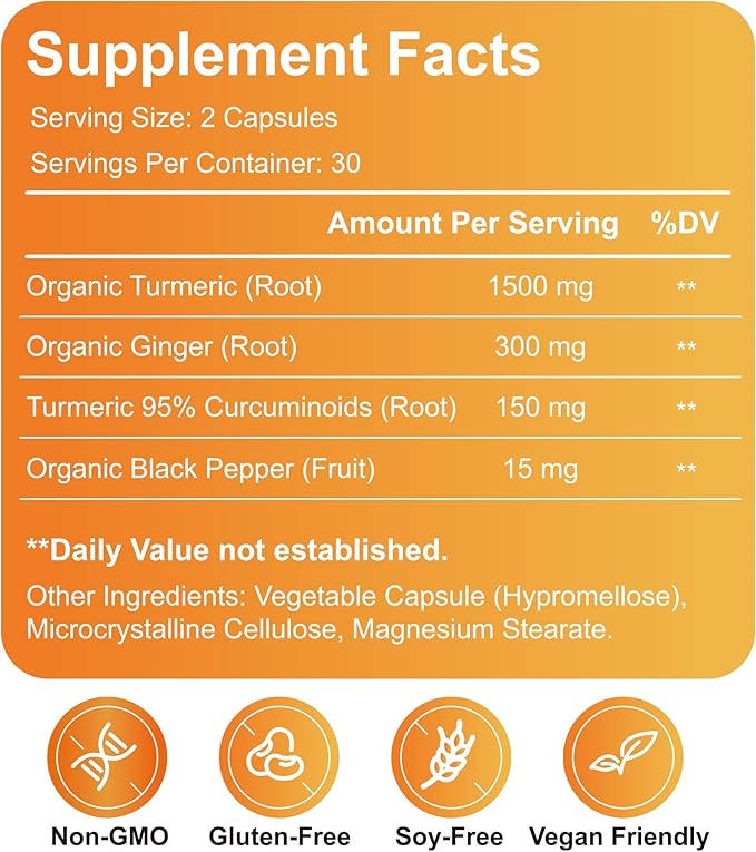 AUUMERCA Turmeric Ginger Complex 1500mg Organic Turmeric Root with Curcuminoids Ginger &amp Black Pepper Herbal Supplement for Daily Wellness 60 Capsules