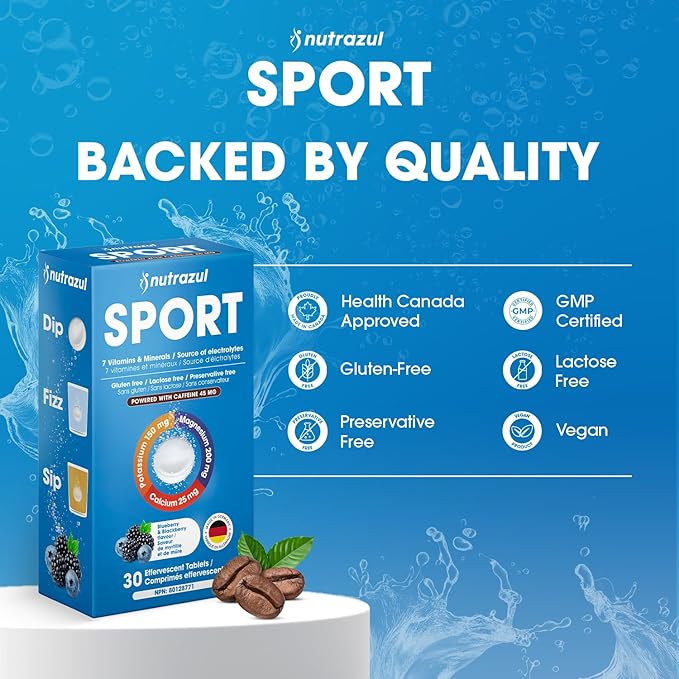 nutrazul Sports Effervescent Tablets Electrolytes &amp 7 Vitamins &amp Minerals Daily Hydration and Energy 45mg Caffeine Blueberry &amp BlackBerry Flavor 30 Count