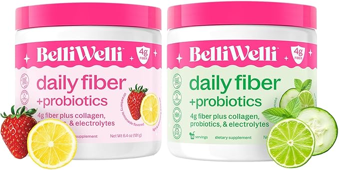 Belli Welli Daily Fiber Supplement Duo - Strawberry Lemonade &amp Cucumber Lime Mint - with Collagen Probiotics &amp Electrolytes - Refreshing Flavors for Balanced Wellness - 32 Total Servings