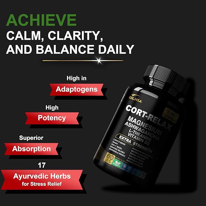 Super Calm Cortisol Supplement with Magnesium Glycinate Ashwagandha KSM-66 L-Theanine Phosphatidylserine Ginkgo Biloba &amp Lions Mane for Calm Focus Mental Clarity Relaxation Sleep Energy