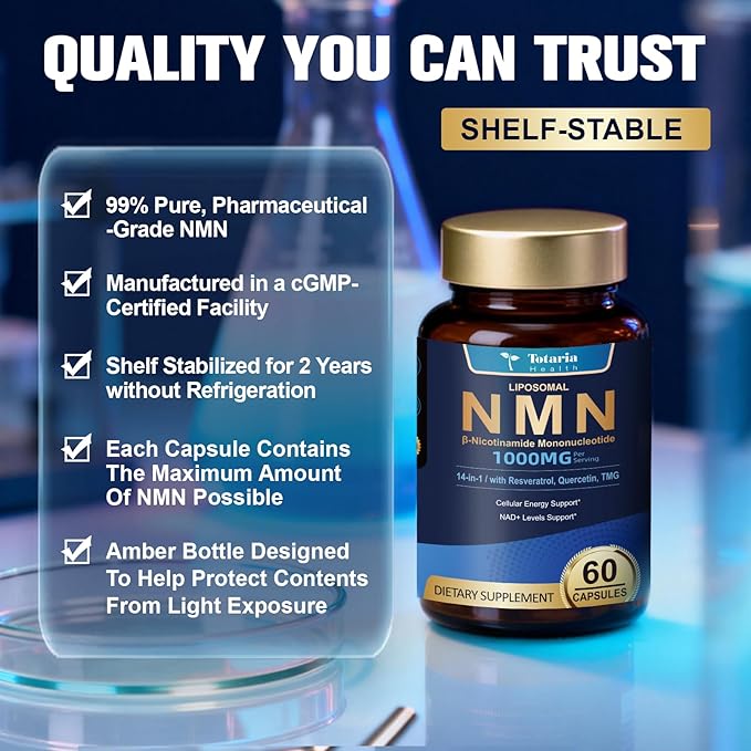Totaria Liposomal NMN Supplement 1000mg 14-in-1 NMN Resveratrol Complex with CoQ10 TMG Quercetin ALA PQQ Support NAD Levels Cellular Energy &amp Healthy Aging 60 Capsules cGMP Filler Free