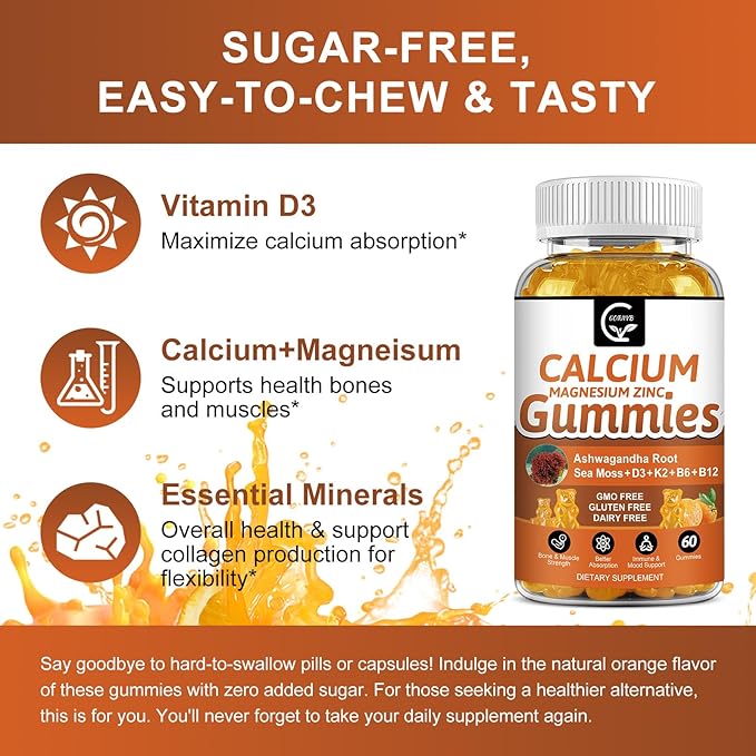 1200mg Calcium Gummies with Vitamin D3K2B12 &amp B6 - Plant Complex Calcium Magnesium Supplement with GlycinatePotassiumSea MossAshwagandha Root for Bone &amp Teeth Strength Muscle &amp Immun