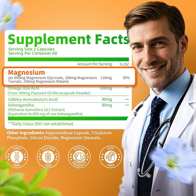 Triple Magnesium Complex - Magnesium Glycinate Taurate &amp Malate Supplement with Omega3 Ashwagandha GABA for Sleep Brain Heart &amp Muscle Support - High Absorption and Gentle Vegan 120 Caps