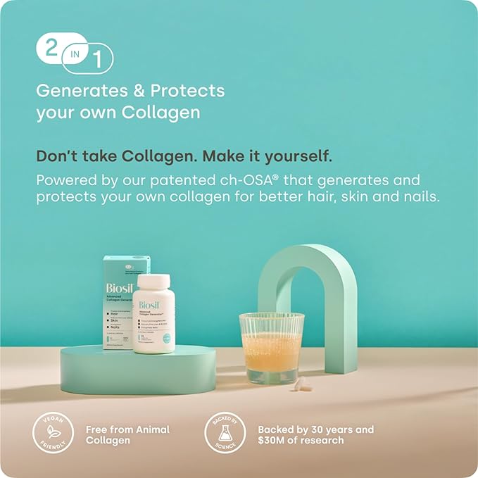 Biosil Collagen Booster Supplement - 30 Original Capsules Pack of 2 - Patented ch-OSA Activator for Skin Hair Nails &amp Joints - Supports Natural Production - 30-Day Supply