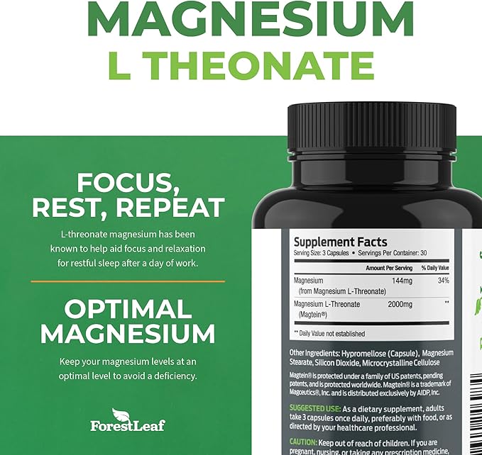 Forest Leaf Magnesium L-Threonate Magtein Capsules - 2000mg Magnesium Threonate Supplement Supports Cognitive Function Focus Brain Deep Calm and Sleep for Men &amp Women | 90 Powder Veg Caps