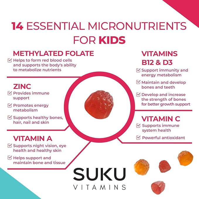 SUKU The Complete Kids Multivitamin Gummies – Vitamins A C D E B6 B12 Folate &amp Zinc – Immune Support Sugar-Free Gluten-Free Non-GMO Tropical Bonanza Flavor – 60 Count