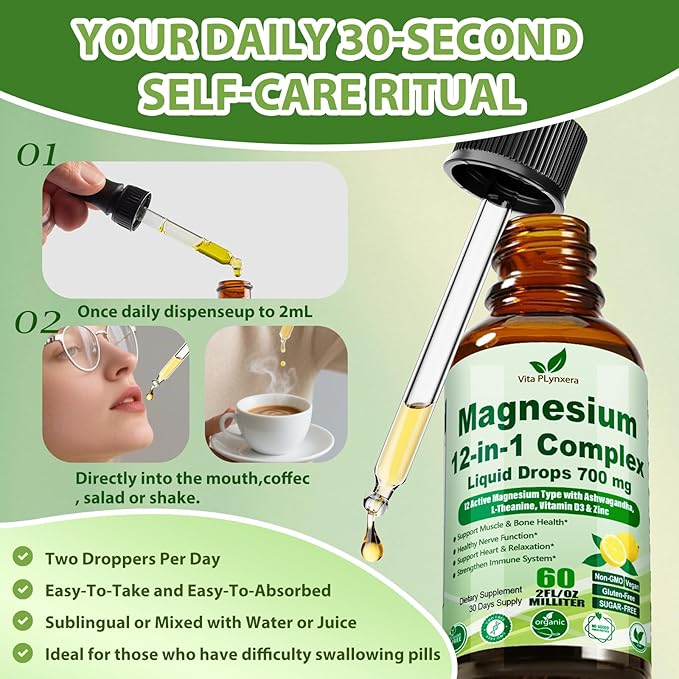 2 Pack 12-in-1 Magnesium Complex Liquid Drops Chelated Magnesium Citrate Glycinate Taurate Malate Aspartate w. Ashwagandha Theanine D3 &amp Zinc for Relaxation Sleep Immune Health &amp Muscle Funct