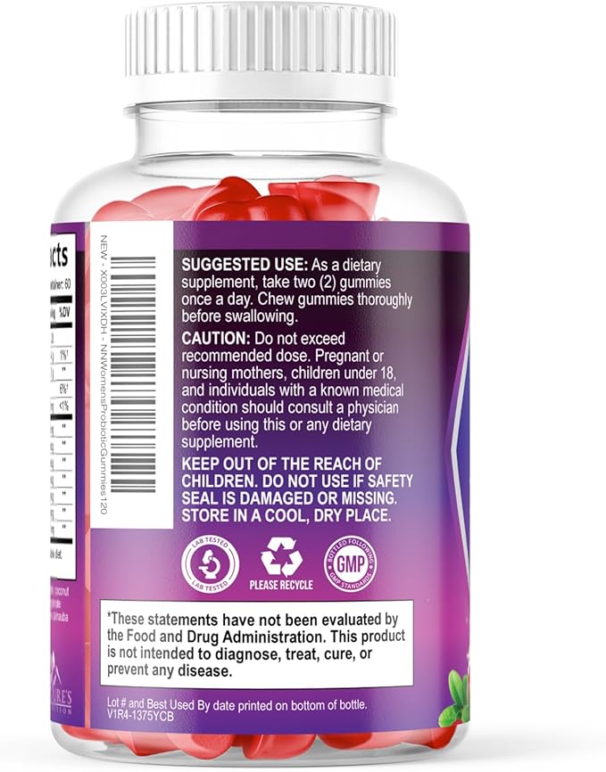 Nature's Nutrition Probiotics for Women Gummies with Cranberry - 6 Premium Strains for PH Balance Digestive Health Vaginal &amp Immune Support Women's Probiotic Gummy for Feminine Health - 120 Gum