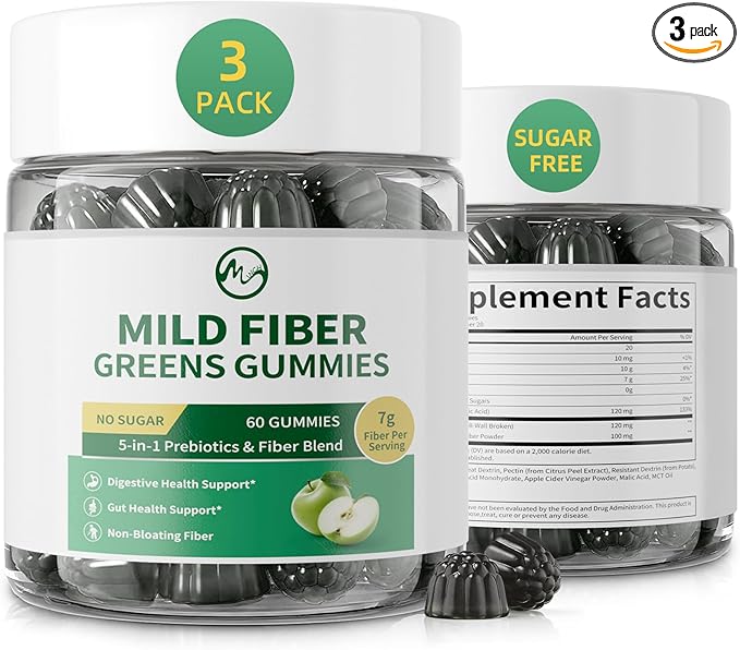 M inch Fiber Gummies for Adults Women Men Sugar Free - Fiber Supplement Support Digestive Gut &amp No Bloating* - 7g High Fiber per Serving Daily &amp Soluble 3 Pack Apple Flavor Vegan Non GMO