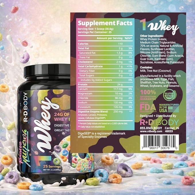 Whey Isolate Protein Powder Fruity Cereal 1 Whey – 24g Whey Isolate Protein per Scoop with Digestive Enzymes Plus MCTs - Low Carb Low Lactose Gluten Free - 25 Servings