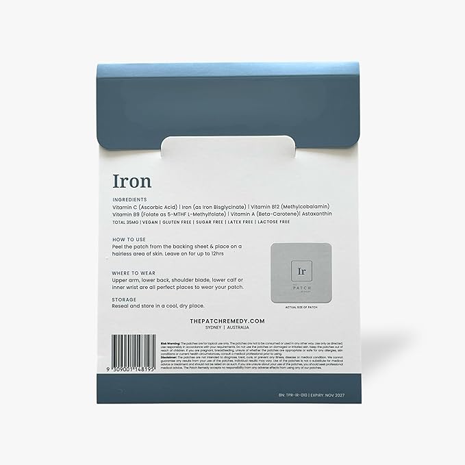 The Patch Remedy Iron Patch | Iron Bisglycinate Vitamin C B9 (Methylfolate) B12 Beta-Carotene Astaxanthin | 30 Patches