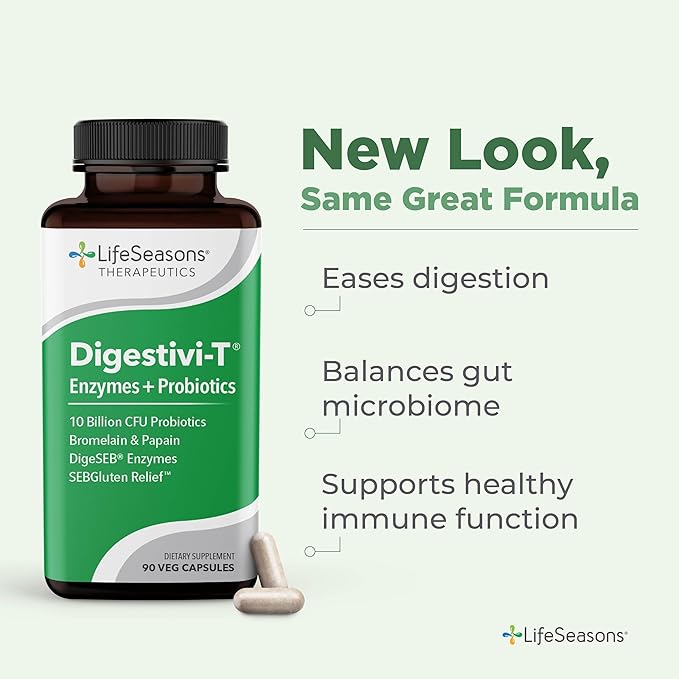LifeSeasons Digestivi-T - Digestive Enzymes &amp 10 Billion CFU Probiotic Supplement - Supports Gut &amp Immune Health - Bloating &amp Digestion Relief for Women &amp Men - 90 Capsules