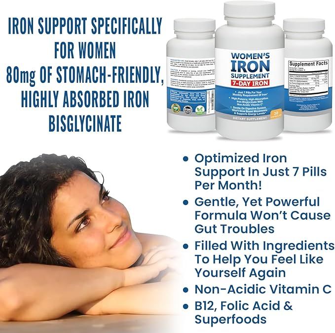 Women’s Iron Supplement Pills for Women Bis-Glycinate 80mg 7 Iron Pills for 30 Days’ Worth of No Stomach Binding Vegan Alkaline VIT C Iron Pill for Women 30 Capsules 3-Pack