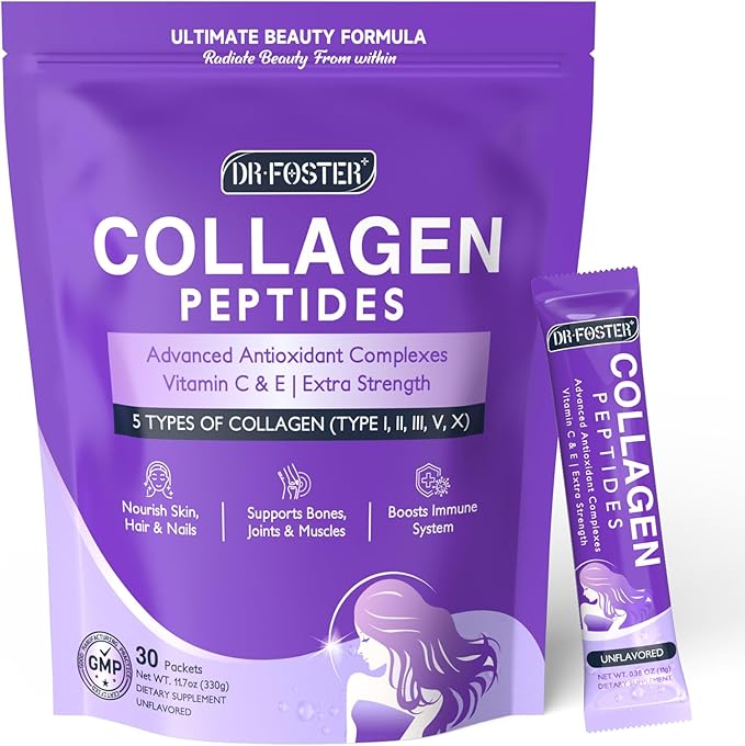 DRFOSTER Collagen-Peptides-Powder-Packets - Multi Type I II III V X Collagen for Women with Antioxidant Blend + Vitamin C &amp E for Skin Hair Nail &amp Joint Non-GMO 30 Stick Packs