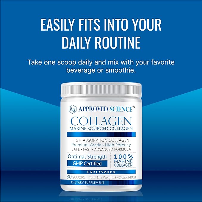 Approved Science Collagen Powder - Unflavored Hydrolyzed Collagen Peptides for Women &amp Men - Marine Sourced - Hair Skin Nails &amp Joints - 90 Scoops - 3 Month Supply